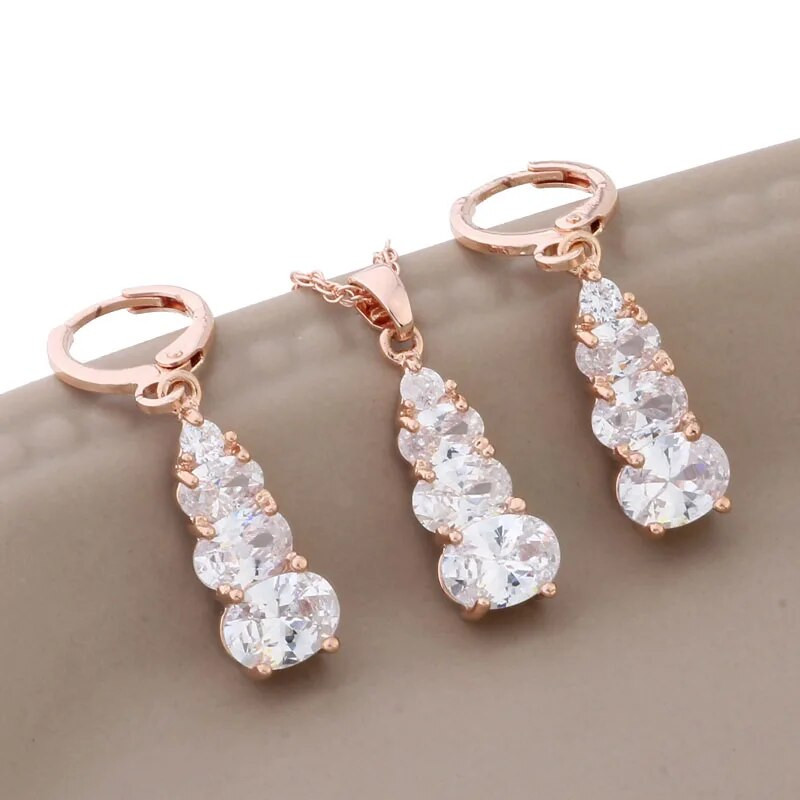 Uus trendikas 585 roosa kullavärvi ehtekomplekt naistele, kvaliteetne naturaalsest tsirkoonist kõrvarõnga ja ripatsiga luksuslik ehtekomplekt