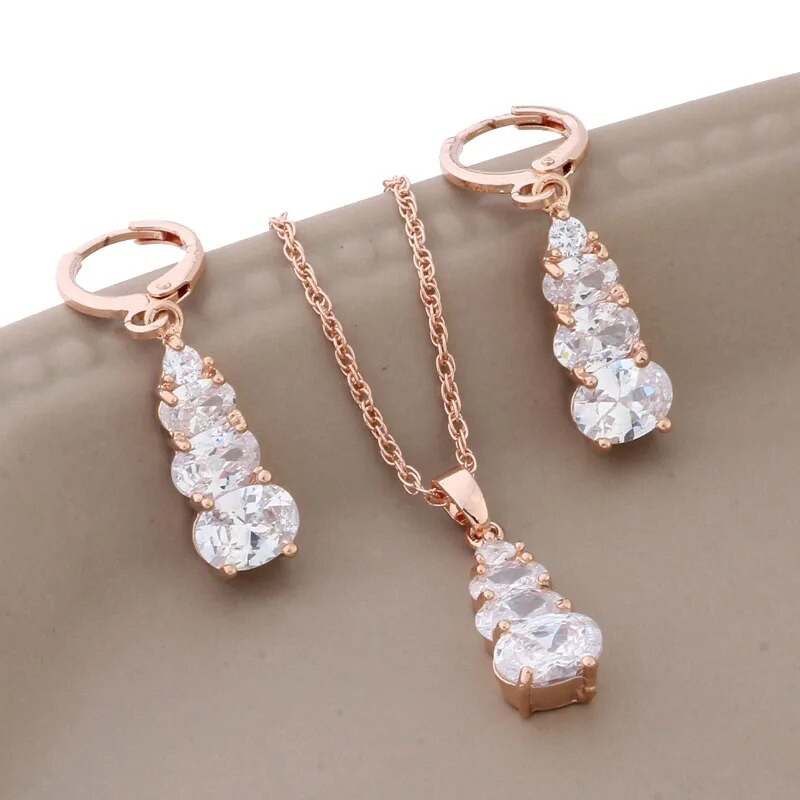 Uus trendikas 585 roosa kullavärvi ehtekomplekt naistele, kvaliteetne naturaalsest tsirkoonist kõrvarõnga ja ripatsiga luksuslik ehtekomplekt