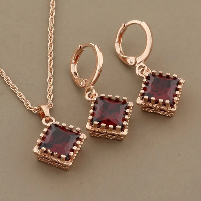 2023 Set de bijuterii cu design pătrat de înaltă calitate, în formă de zircon natural, pentru femei, cercei și pandantiv de culoare aur roz 585