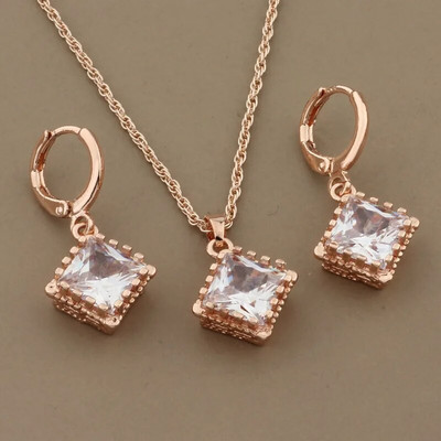 2023 Set de bijuterii cu design pătrat de înaltă calitate, în formă de zircon natural, pentru femei, cercei și pandantiv de culoare aur roz 585
