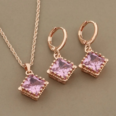 2023 Set de bijuterii cu design pătrat de înaltă calitate, în formă de zircon natural, pentru femei, cercei și pandantiv de culoare aur roz 585