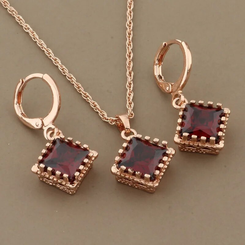 2023 Set de bijuterii cu design pătrat de înaltă calitate, în formă de zircon natural, pentru femei, cercei și pandantiv de culoare aur roz 585