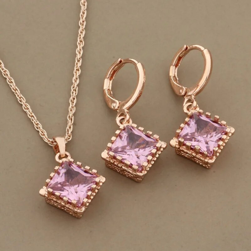 2023 Set de bijuterii cu design pătrat de înaltă calitate, în formă de zircon natural, pentru femei, cercei și pandantiv de culoare aur roz 585