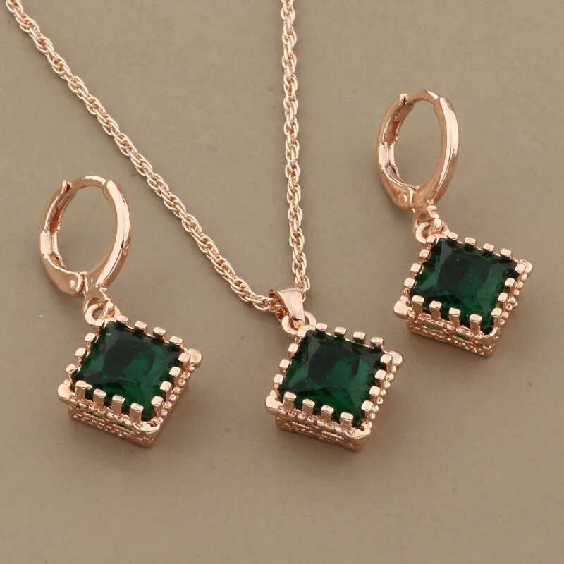 2023 Set de bijuterii cu design pătrat de înaltă calitate, în formă de zircon natural, pentru femei, cercei și pandantiv de culoare aur roz 585