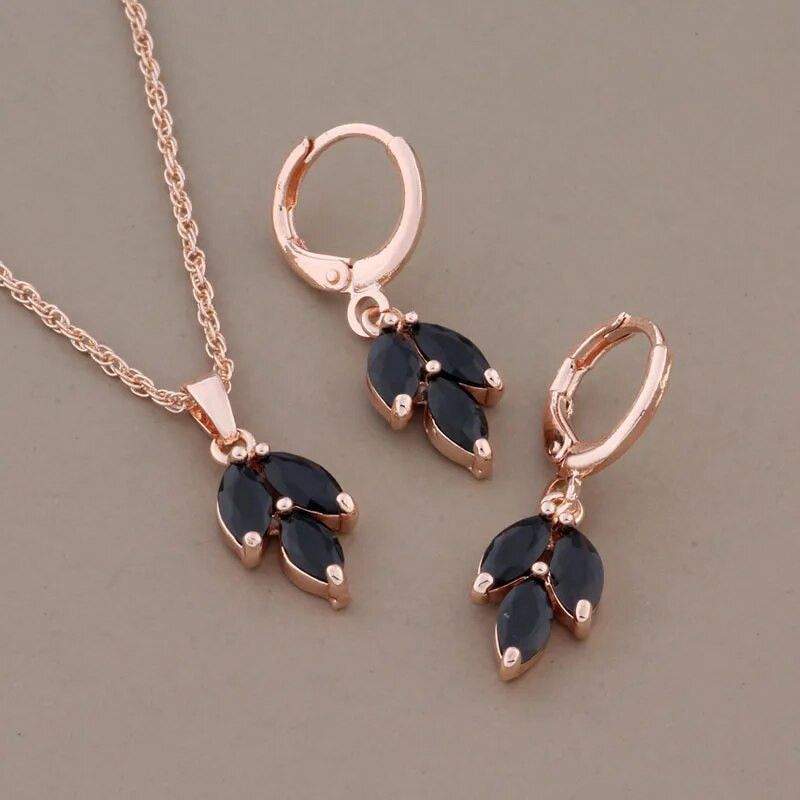 Νέο σετ σκουλαρίκια με φύλλα μαύρου φυσικού ζιργκόν για γυναίκες 585 ροζ χρυσό σετ κοσμημάτων μόδας νύφης