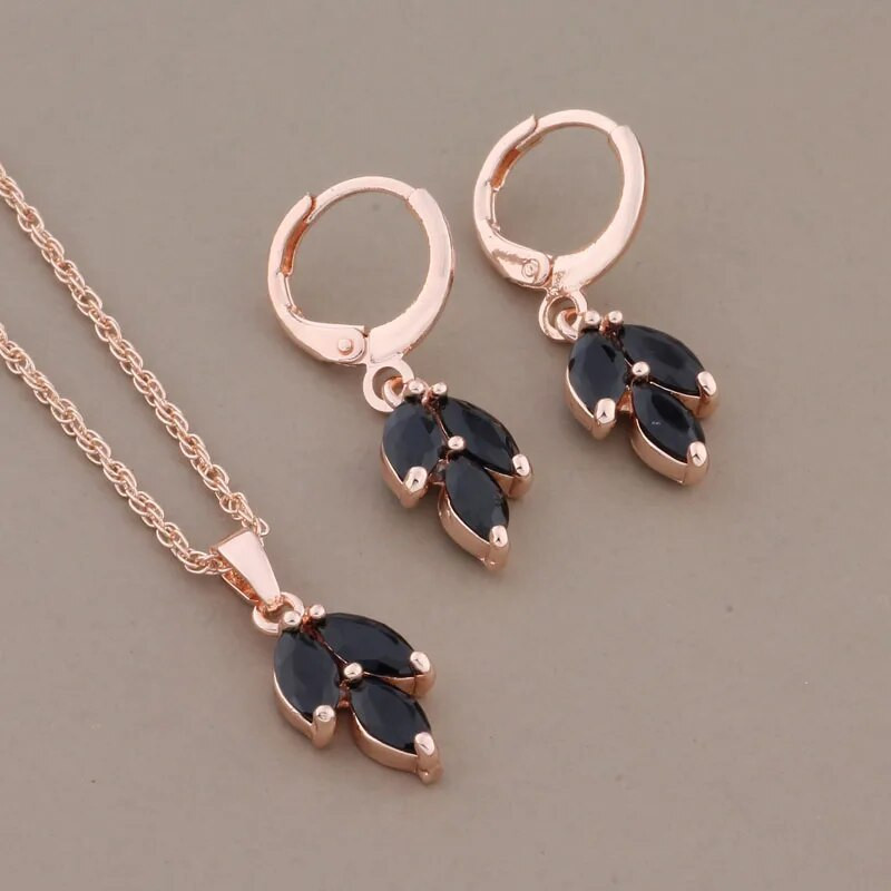 Νέο σετ σκουλαρίκια με φύλλα μαύρου φυσικού ζιργκόν για γυναίκες 585 ροζ χρυσό σετ κοσμημάτων μόδας νύφης