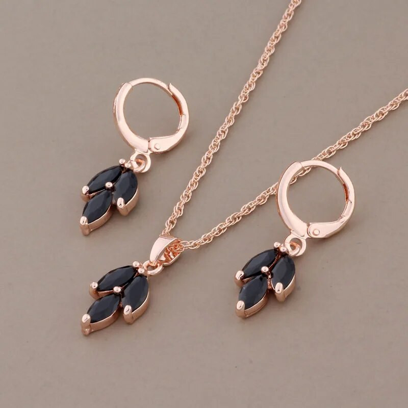 Νέο σετ σκουλαρίκια με φύλλα μαύρου φυσικού ζιργκόν για γυναίκες 585 ροζ χρυσό σετ κοσμημάτων μόδας νύφης