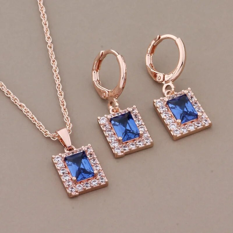 Uue moe roosikulla värvi rippuvate kõrvarõngaste komplektid naistele Sinine ruut naturaalsest tsirkoonist luksuslik kvaliteetne ehete komplekt