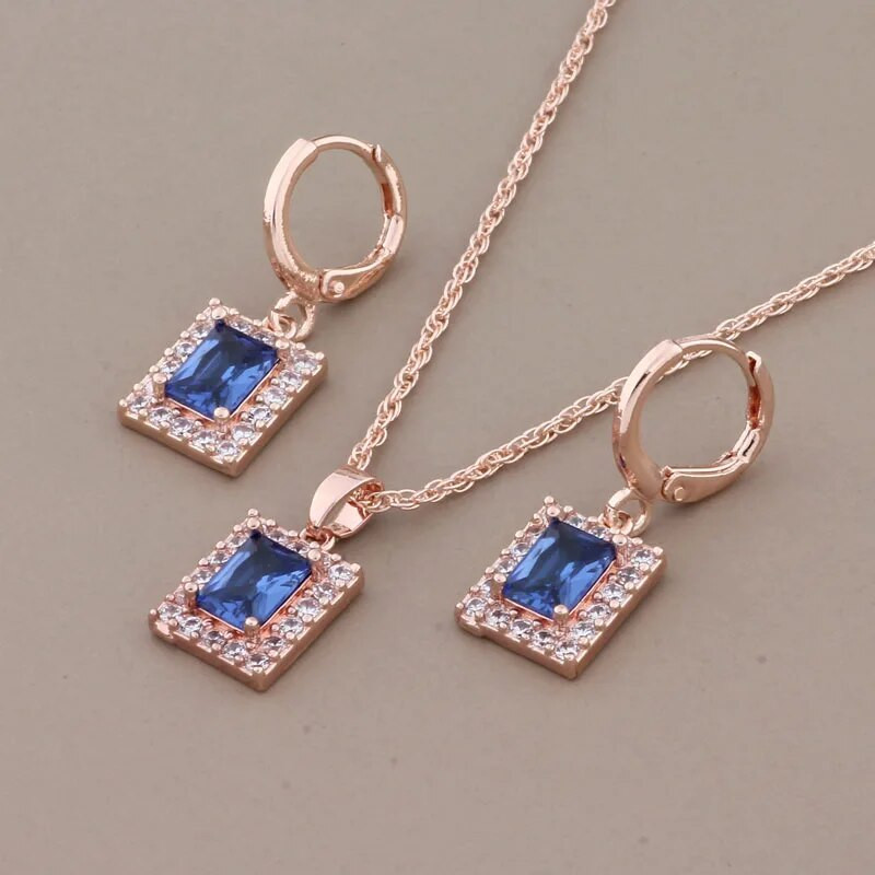 Uue moe roosikulla värvi rippuvate kõrvarõngaste komplektid naistele Sinine ruut naturaalsest tsirkoonist luksuslik kvaliteetne ehete komplekt
