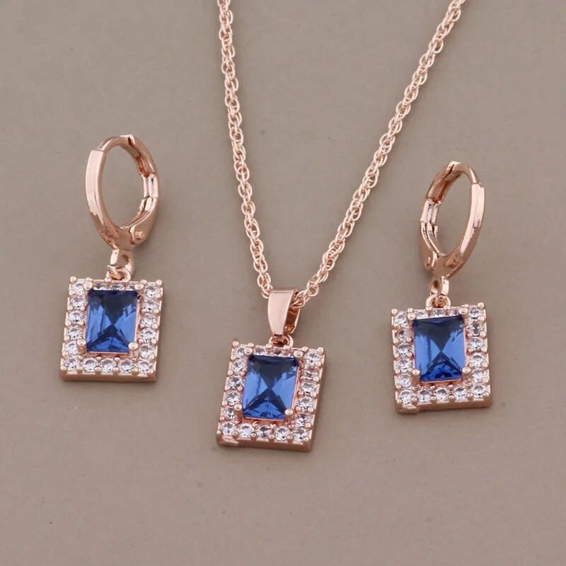 Uue moe roosikulla värvi rippuvate kõrvarõngaste komplektid naistele Sinine ruut naturaalsest tsirkoonist luksuslik kvaliteetne ehete komplekt