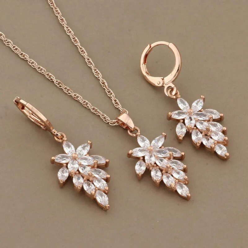 Luksusa kvalitātes juvelierizstrādājumu 585 rožu zelta krāsu ziedu auskaru komplekti sievietēm dabīgā cirkona kāzu vintage juvelierizstrādājumu komplekti