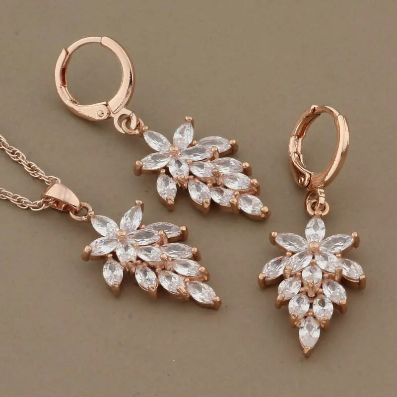 Luksusa kvalitātes juvelierizstrādājumu 585 rožu zelta krāsu ziedu auskaru komplekti sievietēm dabīgā cirkona kāzu vintage juvelierizstrādājumu komplekti
