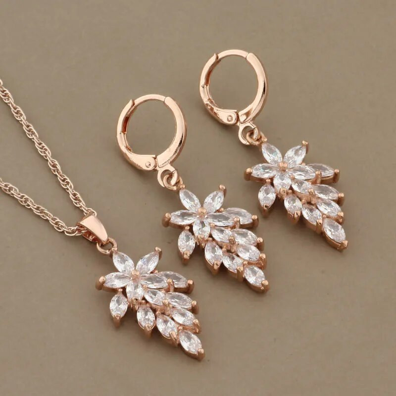 Luksusa kvalitātes juvelierizstrādājumu 585 rožu zelta krāsu ziedu auskaru komplekti sievietēm dabīgā cirkona kāzu vintage juvelierizstrādājumu komplekti