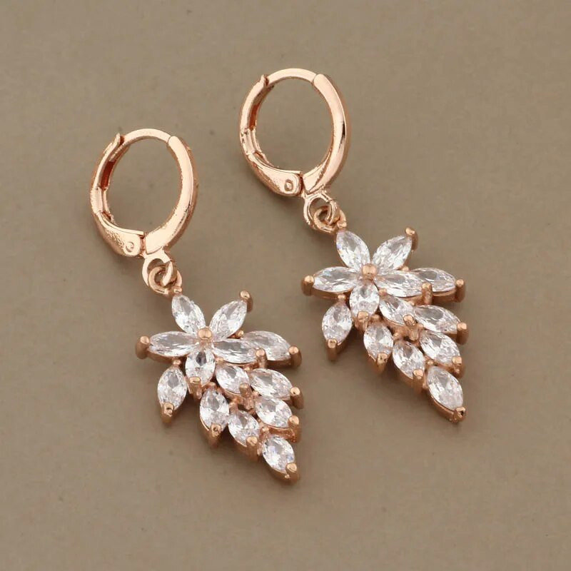 Luksusa kvalitātes juvelierizstrādājumu 585 rožu zelta krāsu ziedu auskaru komplekti sievietēm dabīgā cirkona kāzu vintage juvelierizstrādājumu komplekti