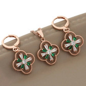 Naujas 2023 m. prabangių juvelyrinių dirbinių tendencija 585 rožinio aukso spalvos gėlių auskarų rinkinys žalios cirkonio kabantys auskarai moterims papuošalų rinkiniai