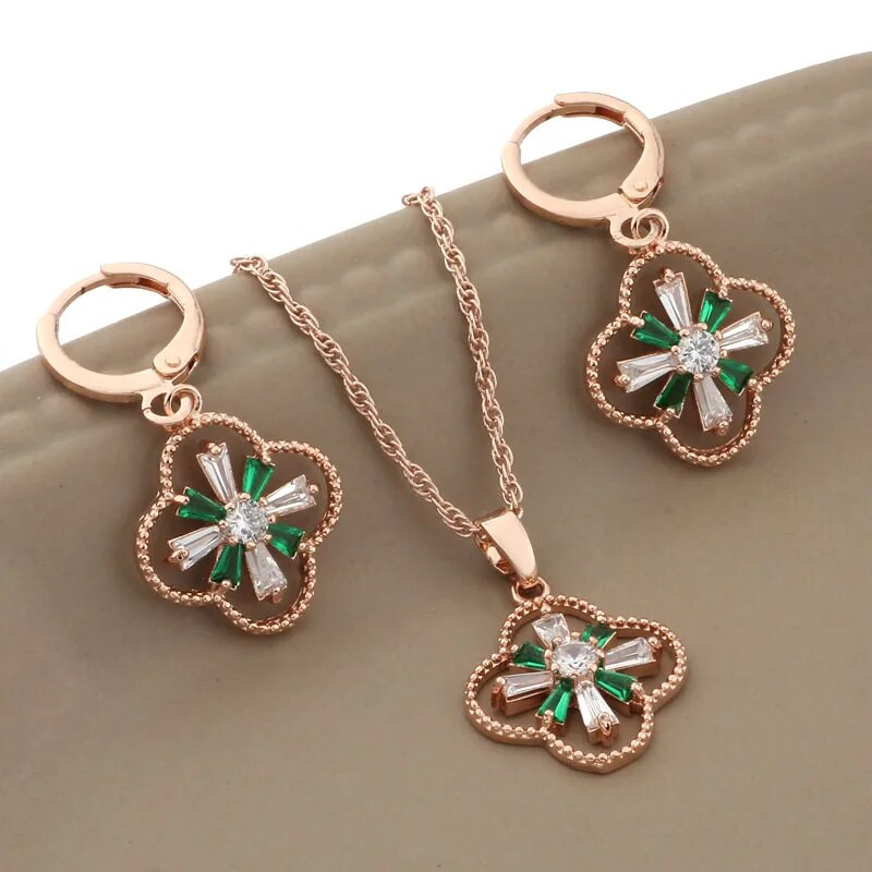 Naujas 2023 m. prabangių juvelyrinių dirbinių tendencija 585 rožinio aukso spalvos gėlių auskarų rinkinys žalios cirkonio kabantys auskarai moterims papuošalų rinkiniai