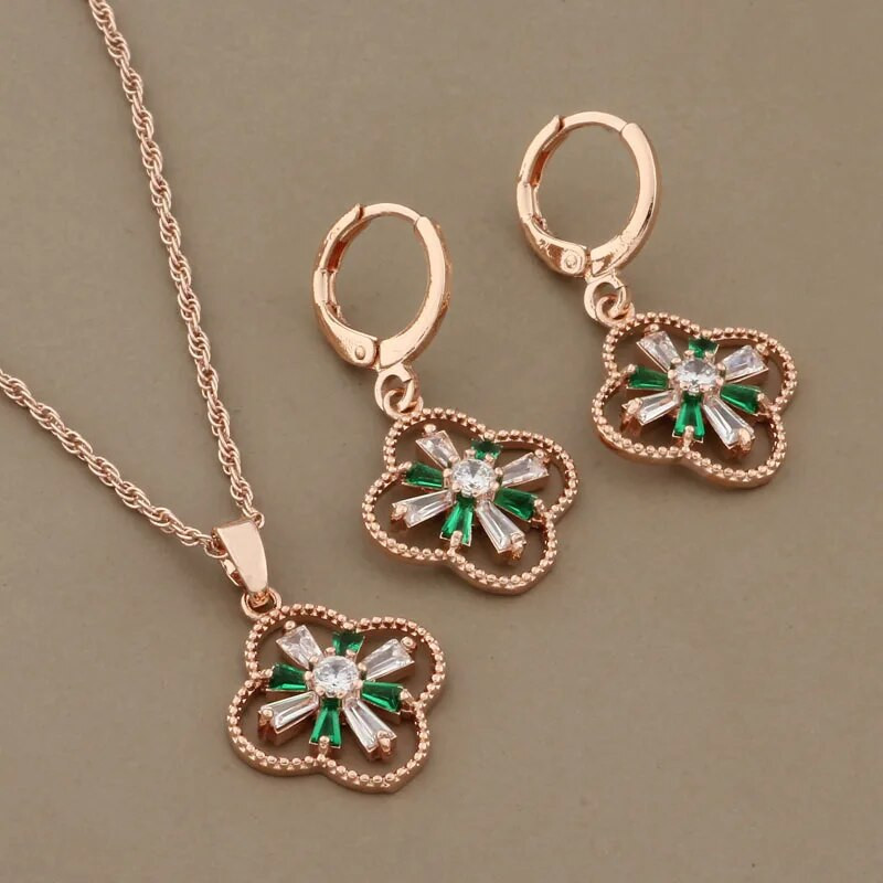 Naujas 2023 m. prabangių juvelyrinių dirbinių tendencija 585 rožinio aukso spalvos gėlių auskarų rinkinys žalios cirkonio kabantys auskarai moterims papuošalų rinkiniai