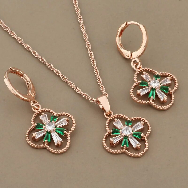Naujas 2023 m. prabangių juvelyrinių dirbinių tendencija 585 rožinio aukso spalvos gėlių auskarų rinkinys žalios cirkonio kabantys auskarai moterims papuošalų rinkiniai