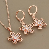 Hot 585 ροζ χρυσό σετ κοσμημάτων γάμου Μόδα Φυσικό κυβικό ζιργκόν λουλούδι Vintage κρεμαστό σκουλαρίκι Δώρο καθημερινά κοσμήματα