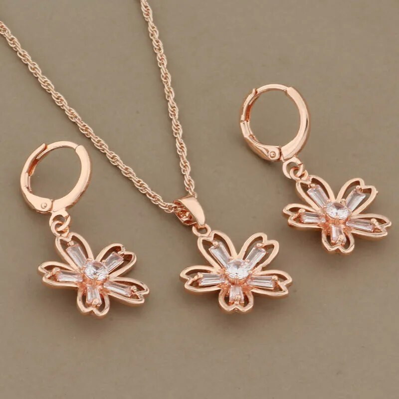 Hot 585 ροζ χρυσό σετ κοσμημάτων γάμου Μόδα Φυσικό κυβικό ζιργκόν λουλούδι Vintage κρεμαστό σκουλαρίκι Δώρο καθημερινά κοσμήματα