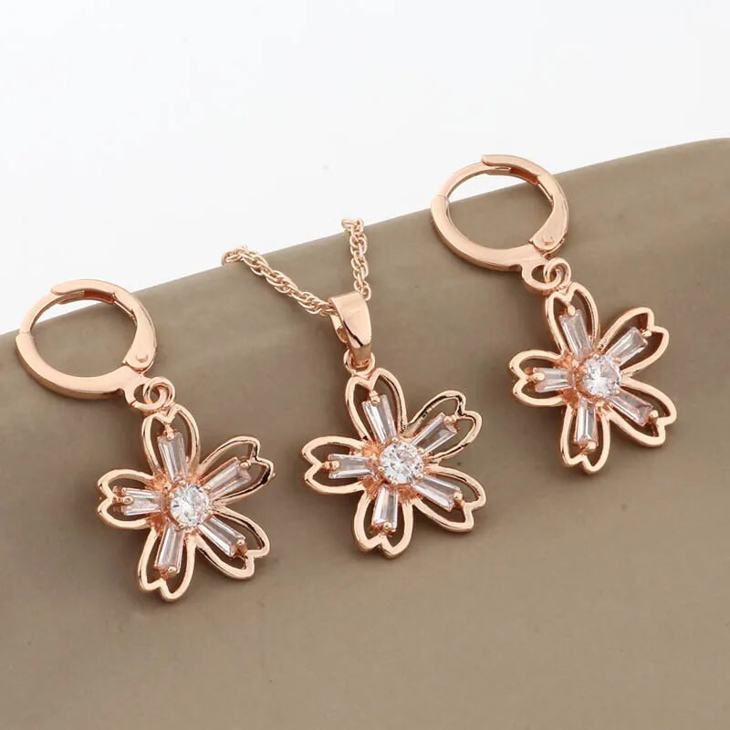 Hot 585 ροζ χρυσό σετ κοσμημάτων γάμου Μόδα Φυσικό κυβικό ζιργκόν λουλούδι Vintage κρεμαστό σκουλαρίκι Δώρο καθημερινά κοσμήματα