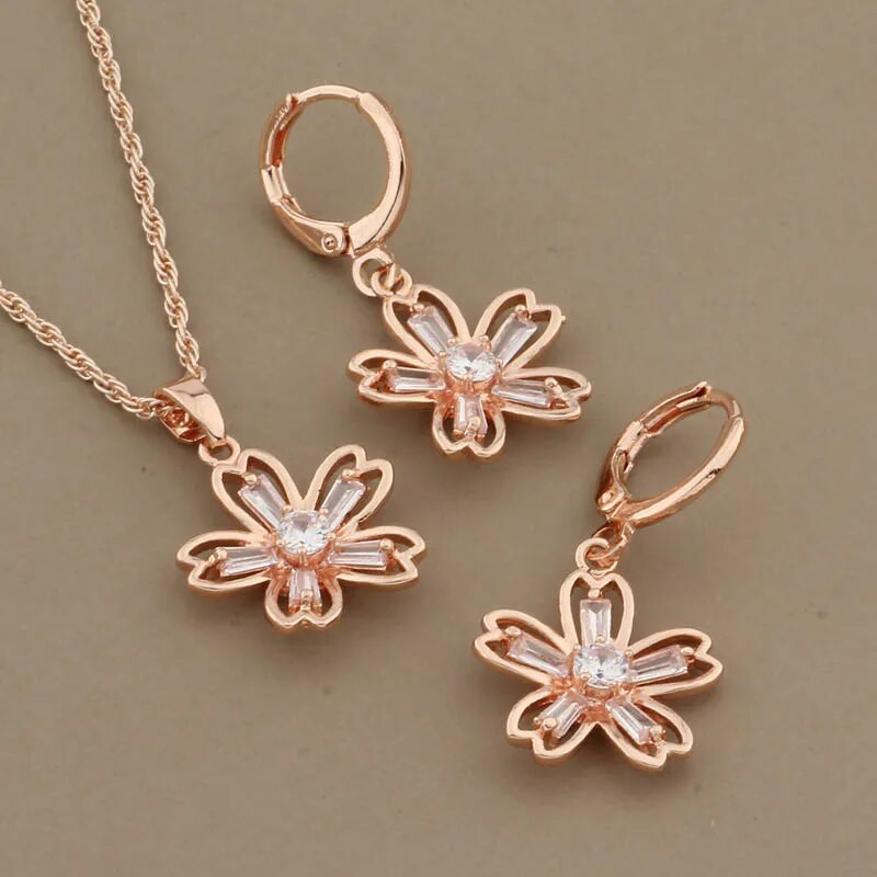 Hot 585 ροζ χρυσό σετ κοσμημάτων γάμου Μόδα Φυσικό κυβικό ζιργκόν λουλούδι Vintage κρεμαστό σκουλαρίκι Δώρο καθημερινά κοσμήματα