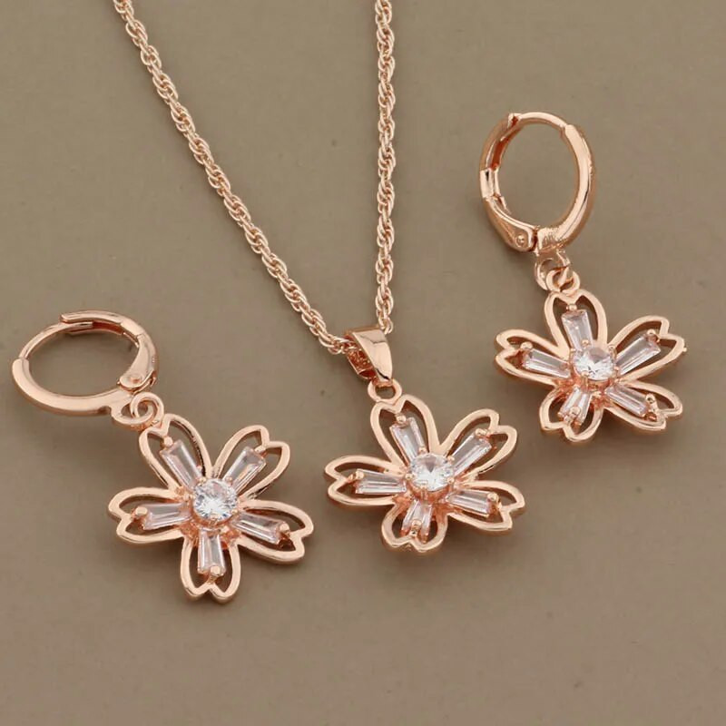 Hot 585 ροζ χρυσό σετ κοσμημάτων γάμου Μόδα Φυσικό κυβικό ζιργκόν λουλούδι Vintage κρεμαστό σκουλαρίκι Δώρο καθημερινά κοσμήματα