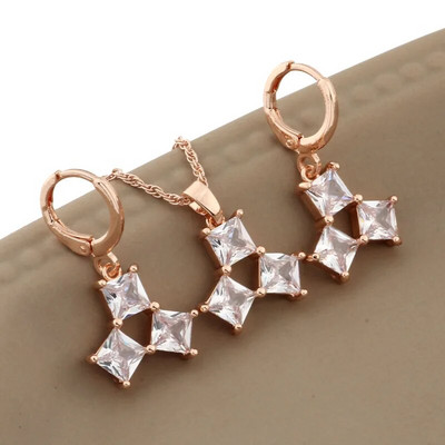 2023. g. luksusa juvelierizstrādājumu tendence, rozā zelta krāsā, piekaramie auskaru komplekti kvadrātveida dabīgā cirkona kāzu kāzu rotaslietu komplekti korejiešu modei