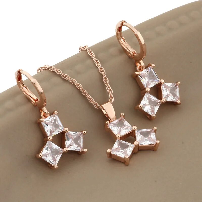 2023. g. luksusa juvelierizstrādājumu tendence, rozā zelta krāsā, piekaramie auskaru komplekti kvadrātveida dabīgā cirkona kāzu kāzu rotaslietu komplekti korejiešu modei