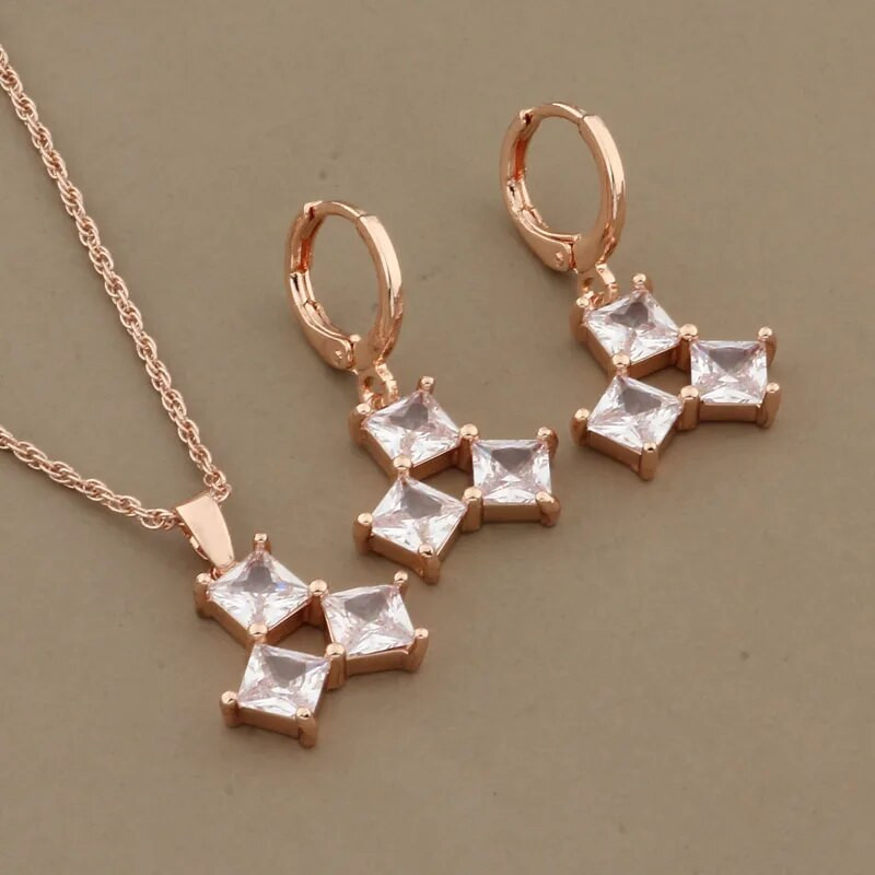 2023. g. luksusa juvelierizstrādājumu tendence, rozā zelta krāsā, piekaramie auskaru komplekti kvadrātveida dabīgā cirkona kāzu kāzu rotaslietu komplekti korejiešu modei