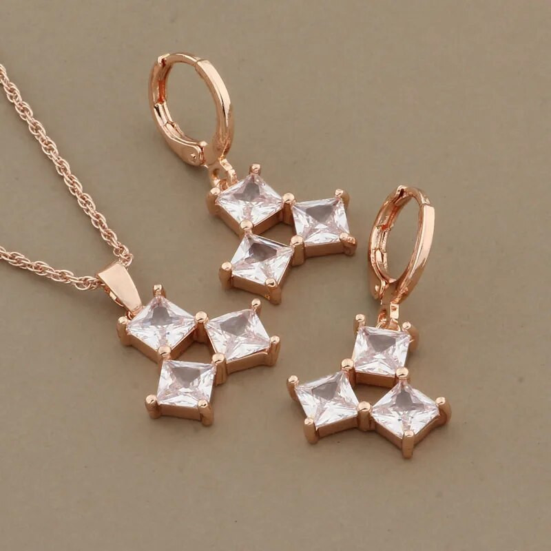 2023. g. luksusa juvelierizstrādājumu tendence, rozā zelta krāsā, piekaramie auskaru komplekti kvadrātveida dabīgā cirkona kāzu kāzu rotaslietu komplekti korejiešu modei