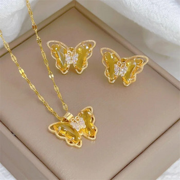 Моден лек луксозен дизайн Комплект обеци с пеперуди Колие с класическа индивидуалност Микроинкрустирани прозрачни кристали от неръждаема стомана