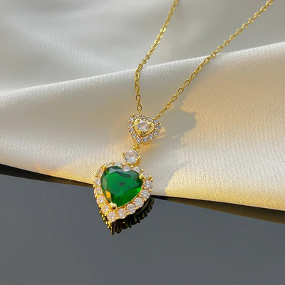 Prabangus žalios spalvos krištolo širdelės formos karolių auskarų rinkinys Išskirtinis cirkonio kvadratinis pakabukas grandinėlės karoliai moteriški auskarai papuošalai