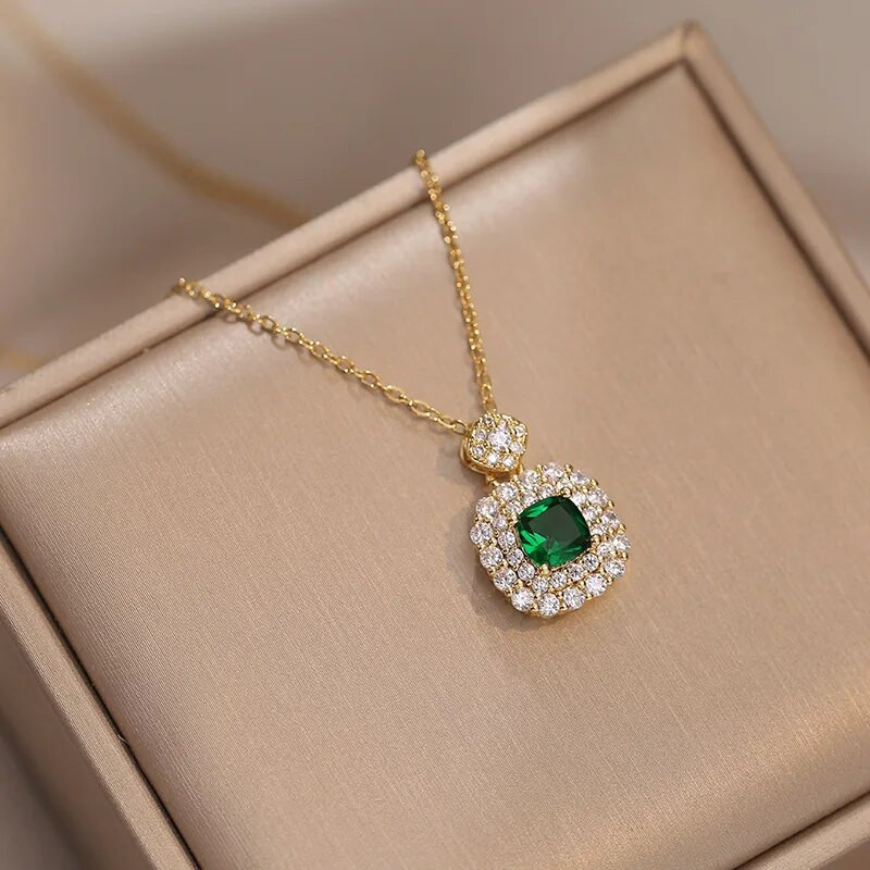 Prabangus žalios spalvos krištolo širdelės formos karolių auskarų rinkinys Išskirtinis cirkonio kvadratinis pakabukas grandinėlės karoliai moteriški auskarai papuošalai