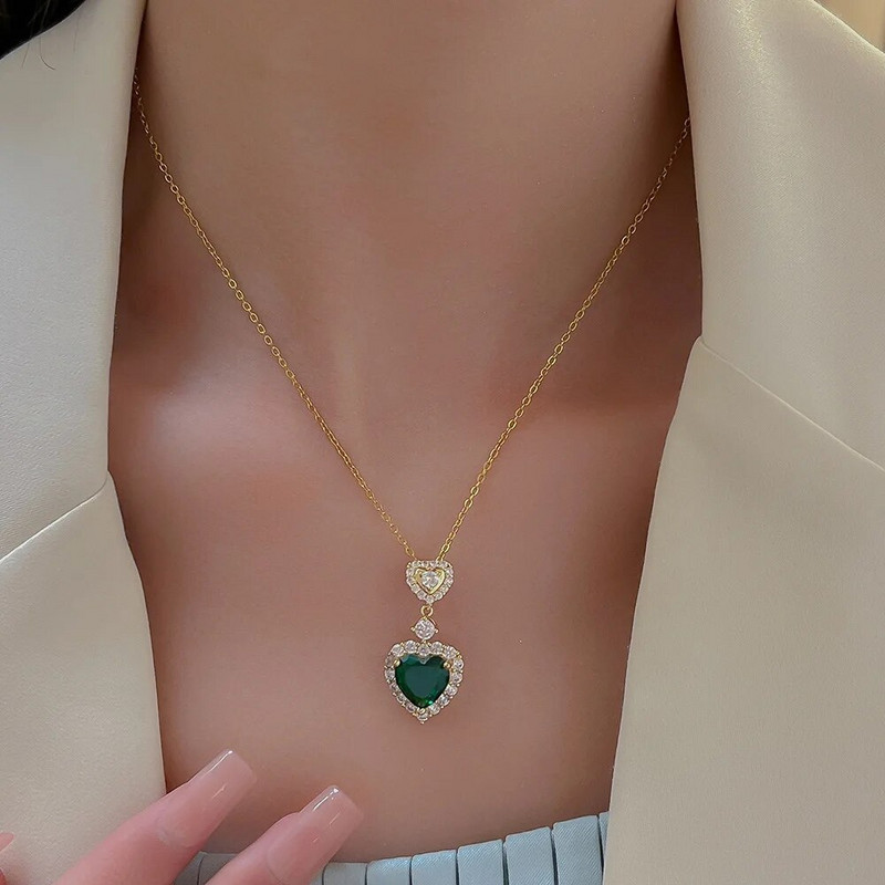 Prabangus žalios spalvos krištolo širdelės formos karolių auskarų rinkinys Išskirtinis cirkonio kvadratinis pakabukas grandinėlės karoliai moteriški auskarai papuošalai