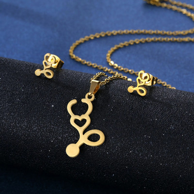 Roostevabast terasest ehete komplekt Meditsiiniline Stetoskoop Heartbeat Ripats Kaelakee Kõrvarõngad Naistele Ehted Peole Sõbrad Kingitused UUS