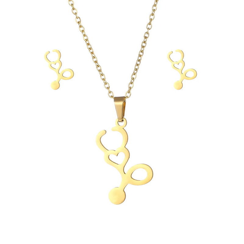 Roostevabast terasest ehete komplekt Meditsiiniline Stetoskoop Heartbeat Ripats Kaelakee Kõrvarõngad Naistele Ehted Peole Sõbrad Kingitused UUS