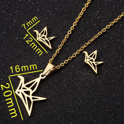 Modernas putnu kaklarotas nerūsējošā tērauda juvelierizstrādājumu komplekti Jauki Origami Crane Stud Auskari Dzīvnieku kulonu kaklarotas aksesuāri Dāvana bērniem