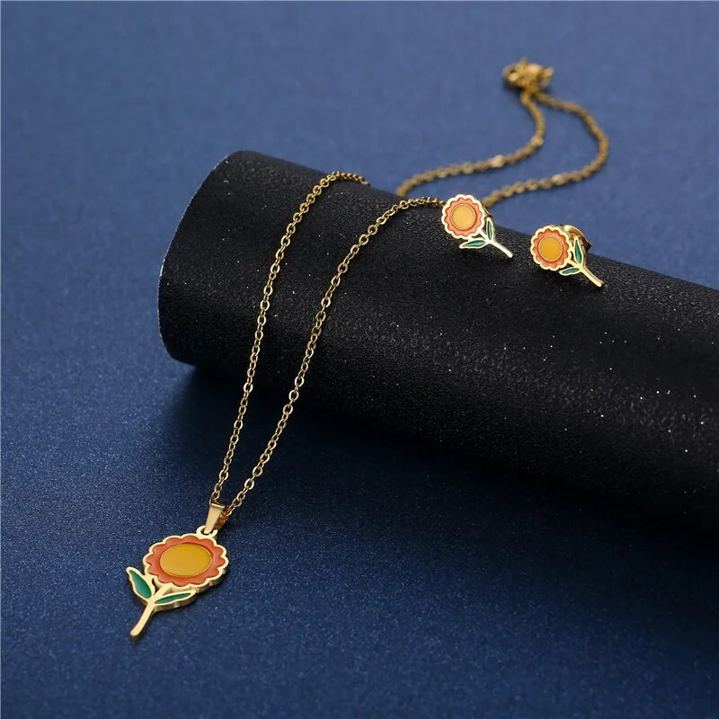 Moodne romantiline päevalilleripatsiga kaelakee kõrvarõngakomplekt naistele uus kollase lillega naiste ehtekomplekt uusaasta kingitus naisele