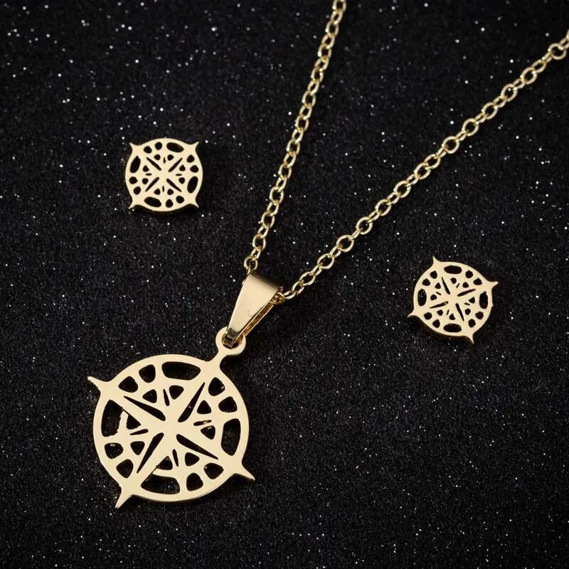 Vintage kompassi kaelakee Antiikne ümmargune naastkõrvarõngas naistele kullavärvi roostevabast terasest kompass reisiehete komplekt Bijoux Dropship