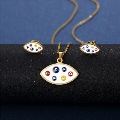Südameemailist kaelakee Kõrvarõngad Naiste õnn Star Evil Eye ehete komplekt Sinine Valge Tilkõli Long Link Türgi roostevabast terasest ehete komplekt