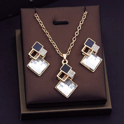 Ģeometriski kvadrātveida kristāla juvelierizstrādājumu komplekti sievietēm Auskari Kuloni Kaklarotu komplekti Modes aksesuāri