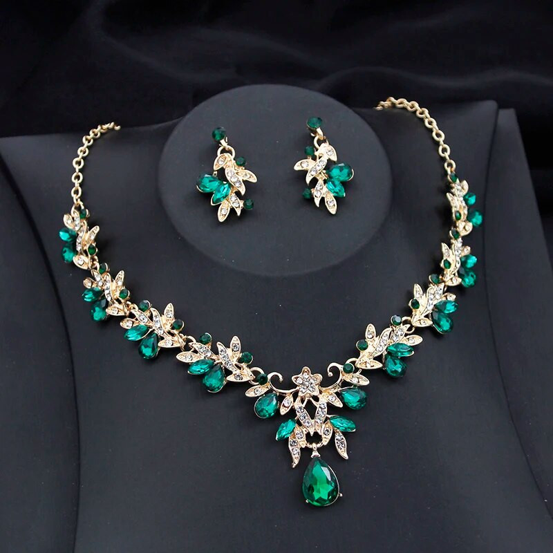 Išskirtinis 2 vnt rinkinys Flower Pink AB krištolo vestuvinių papuošalų rinkiniai moterims kabančių auskarų ir karolių rinkiniai Blue Green