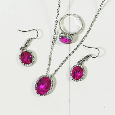 Elegants daudzkrāsains ovālas formas cirkona juvelierizstrādājumu komplekts sievietēm jauks kaķa acs kulonu kaklarota auskaru gredzenu komplekts Valentīna dienas dāvanai