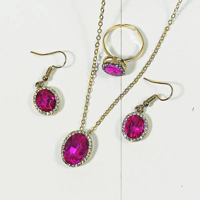 Elegants daudzkrāsains ovālas formas cirkona juvelierizstrādājumu komplekts sievietēm jauks kaķa acs kulonu kaklarota auskaru gredzenu komplekts Valentīna dienas dāvanai