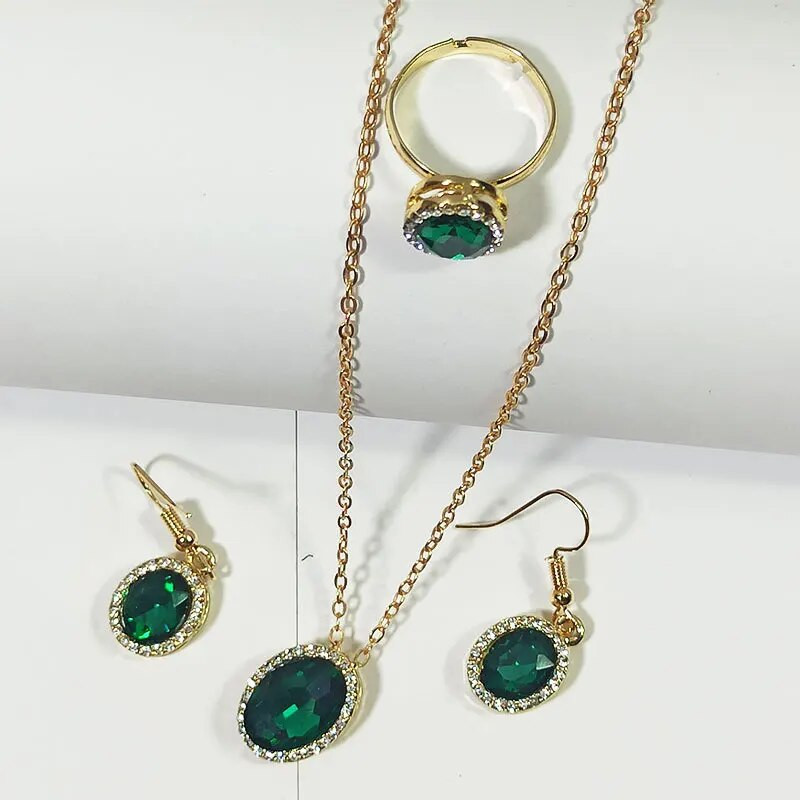 Elegants daudzkrāsains ovālas formas cirkona juvelierizstrādājumu komplekts sievietēm jauks kaķa acs kulonu kaklarota auskaru gredzenu komplekts Valentīna dienas dāvanai