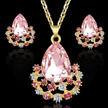 Ρομαντικό γοητευτικό ροζ Waterdrop κολιέ ζιργκόν σκουλαρίκια σετ για γυναίκες Πολύχρωμο ψεύτικο πετράδι κολιέ λουλούδι δώρο επετείου για U