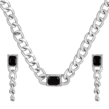Модни готини квадратни обеци с верижка от черен циркон Комплект колиета за жени Семпла хип-хоп верига със сребърно покритие Аксесоари за бижута