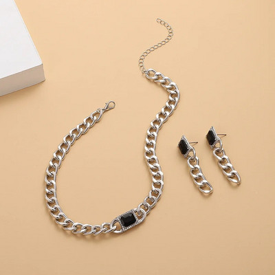 Mood Cool Square Mustast tsirkoonist ketiga kõrvarõngad kaelakee komplekt naistele Lihtne hip-hop hõbetatud ketiga ehete aksessuaarid