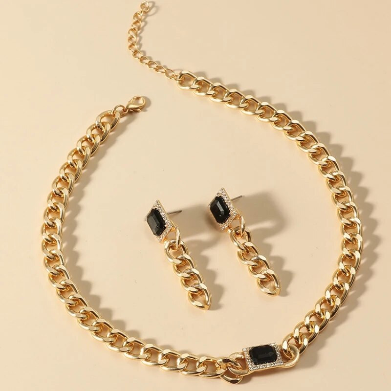 Mood Cool Square Mustast tsirkoonist ketiga kõrvarõngad kaelakee komplekt naistele Lihtne hip-hop hõbetatud ketiga ehete aksessuaarid